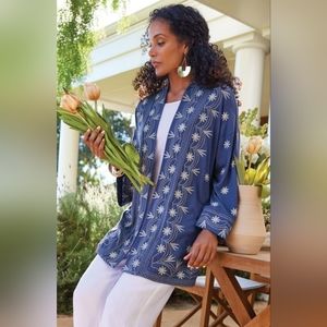 Soft Surroundings Blue Embroidered Kimono Cardigan Size S/M Boho Chic Summer‎